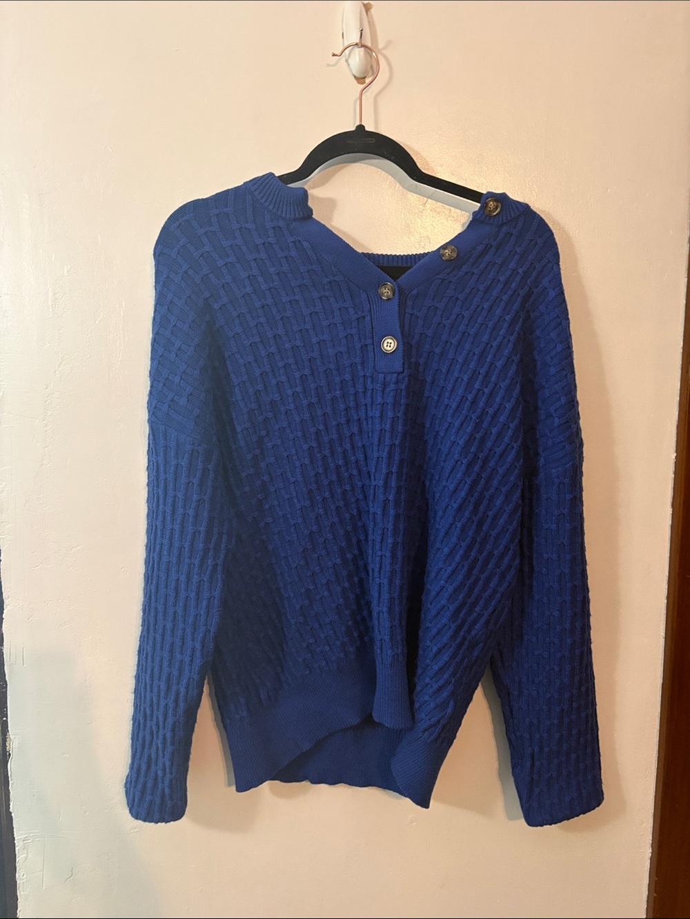 Button-Shoulder Textured Knit Sweater in Royal Blue - Picture 2 of 5
